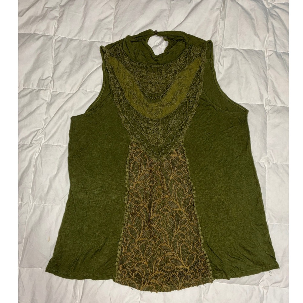 Boho Lace Crochet Overlay Mock Neck Sleeveless Top Olive Green Keyhole Back